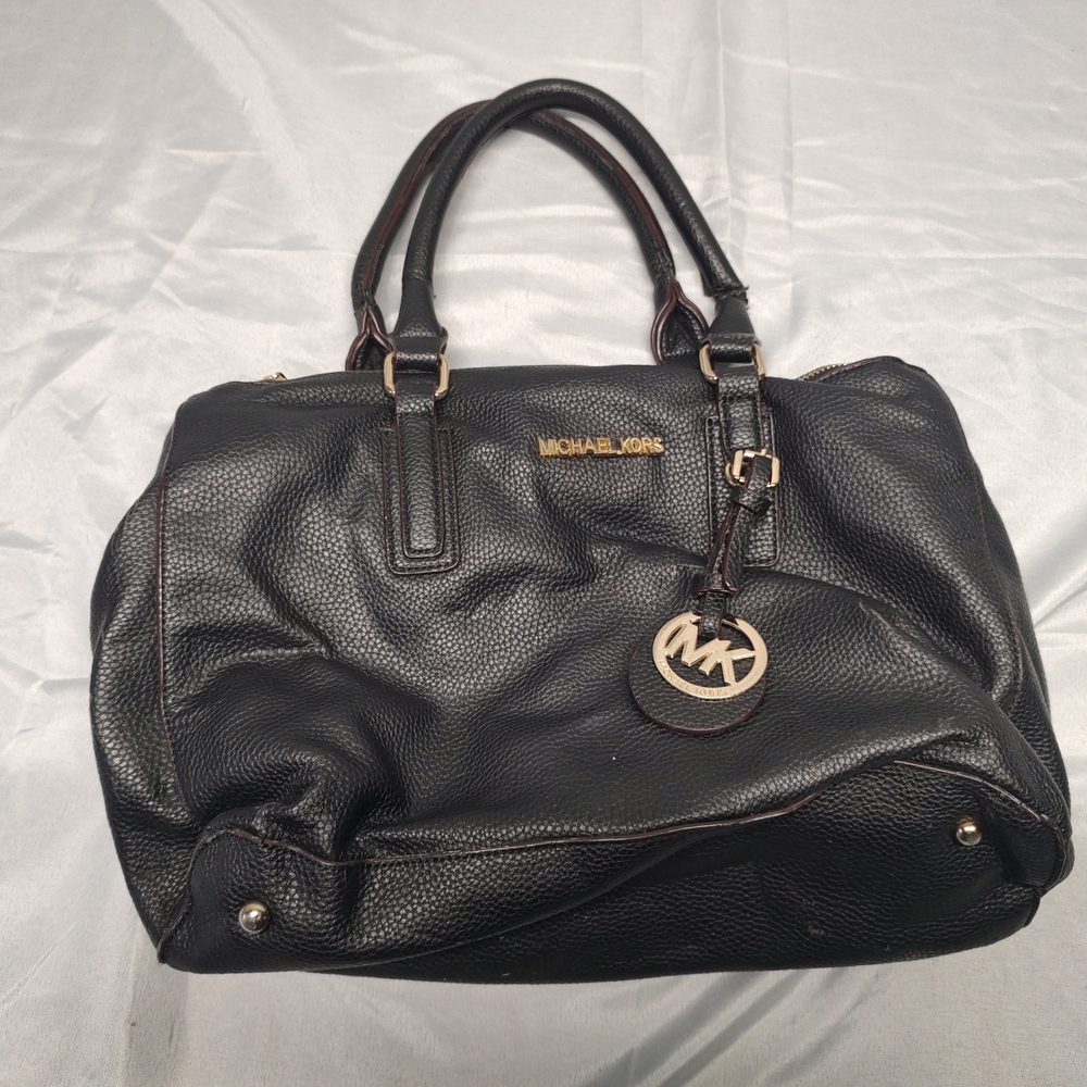 Michael Kors Black Pebbled Leather Satchel with Gold MK Charm